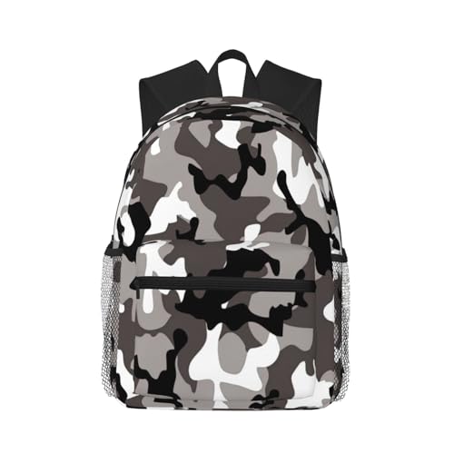 BREAUX Black Grey White Camo Print Lightweight And Comfortable Duffel Bag, Casual Daypack, Multipurpose Backpack