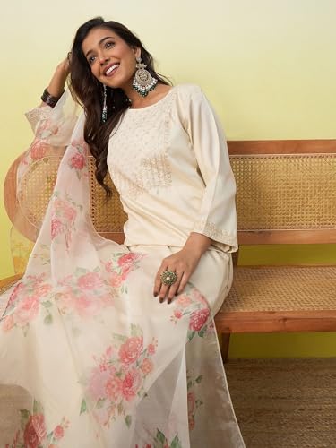 Image of VredeVogel Women's Silk Blend Embroidered Straight Kurta Pant Set with Organza Dupatta