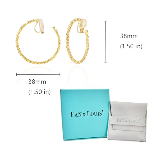 Image of FAN&LOUIS 24K Gold Plated Hoop Clip On Earrings for Women, Gold Beaded Hoop Trendy Hypoallergenic Non Pierced Earrings Painless Lightweight 38mm Clip-On Earrings