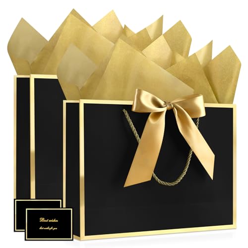 Image of JMANNI Gift Bags with Handles, 11 inch Small Gift Bags with Tissue Paper | 2 Pcs Black Bags, 4 Tissue Paper and 2 Cards, for Baby Shower, Wedding Bridal Shower, Birthday Party