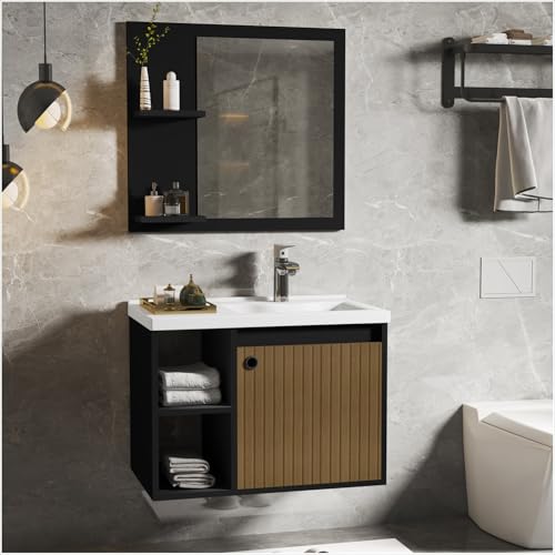 CONJUNTO GABINETE COM ESPELHEIRA E CUBA PARA BANHEIRO 60CM ADONIS PRETO/RIPADO - Loja Inova BR
