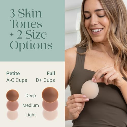 Image of Miola Nipple Covers for Women - Non-Adhesive, Reusable, Silicone, 60+ Wears | Medical Grade, Hypoallergenic, Body-Heat Grip, No Residue, Invisible, Waterproof, A-D+ Fit, 3 Shades, Travel Pouch Included