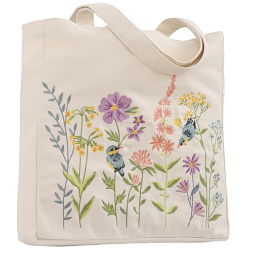 Opiniones de Bolsas de Tela para Dama del mes. 49 Perseverance Trade - Bolsa de mano con bordado estético para mujer, bonita bolsa de hombro de lona reutilizable para compras, libros de comestibles, gimnasio, Flor de pájaro., L