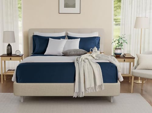 Image of King Sheet Set, 4Piece 15 inch Deep Pocket Sheet & Pillowcase Sets - Dark Denim | 800 Thread Count Sateen Weave Egyptian Cotton Sheets For King Size Bed, Soft, Breathable & Cooling Sheets, OEKO-TEX Certified