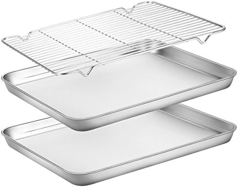  Stainless Steel Baking Sheets with Rack, HKJ Chef Cookie Sheets  and Nonstick Cooling Rack & Baking Pans for Oven & Toaster Oven Tray Pans,  Rectangle Size 12.5L x 10W x 1H