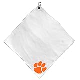 Team Golf NCAA Clemson Microfiber Towel - 15' X 15' (White) with Carabiner Clip, Premium Microfiber with Deep Waffle Pockets - Superior Water Absorption and Quick Dry Golf Cleaning Towel, Small
