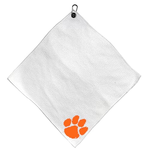 Team Golf NCAA Clemson Microfiber Towel - 15" X 15" (White) with Carabiner Clip, Premium Microfiber with Deep Waffle Pockets - Superior Water Absorption and Quick Dry Golf Cleaning Towel, Small