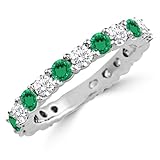 Round Cut Green Emerald & White Diamond Full Eternity Ring For Women, 14K Yellow Gold Plated Silver May Birthstone Emerald Full Eternity Wedding Anniversary Matching Band
