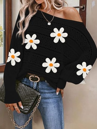 Image of Cakulo Womens Off Shoulder Sweater Top Fall Outfits Fashion 2025 Oversized Knit Batwing Long Sleeve Crochet Flower Sweaters