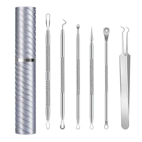 Goooxtex Kit de herramientas para eliminar espinillas y comedones con caja para eliminar espinillas, puntos negros, granos en la cara, kit de eliminación de acné, 6 piezas (plateado)