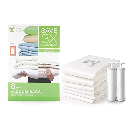 MRS BAG - Bolsas de Almacenamiento al vacío (Funciona con Cualquier aspiradora y Bomba de Mano Doble para Viaje) 8 Bolsas de Ahorro de Espacio (3XL, 2L, 2M, 1S, Extra Gruesas y con Relieve)