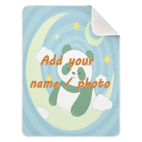 Custom Funny Panda Moon Baby Blue Small Blankets Breathable personalizada para pet Baby Blanket with Name for Girls or Boys 30x40in Manta de Algodon para