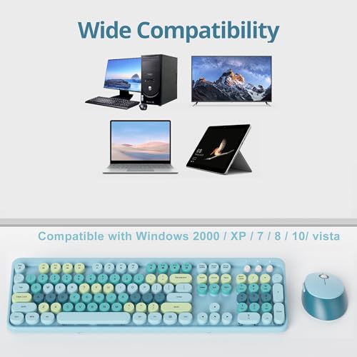Image of Fogruaden Blue Keyboard and Mouse Wireless, Retro Typewriter Keyboard, 2.4GHz 104 Keys Full Size Cute Keyboard with Number Pad, Blue Colorful Keyboard with Retro Round Keycaps for Windows PC Laptop