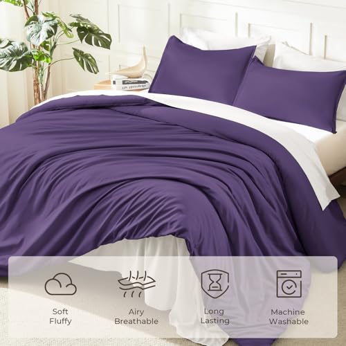 Image of Litanika Dark Violet Purple Comforter Set Full Size, 3 Pieces Lightweight Solid Bedding Comforter Set, All Season Fluffy Bed Set (79x90In Comforter & 2 Pillowcases)