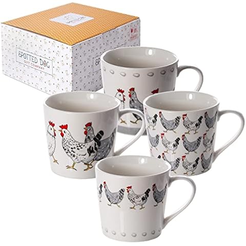 SPOTTED DOG GIFT COMPANY Chicken Coffee Mug Set of 4, Tea Mugs Cups 13oz Ceramic Porcelain China, Chicken Gifts for Chicken Lovers Women Men Cover