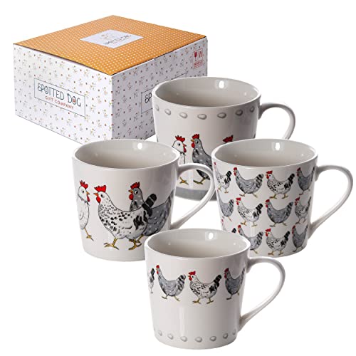 SPOTTED DOG GIFT COMPANY Kip Mokken Set van 4, Koffiemokken met Leuke Kippenpatroon, Keramische Koffiekopjes Bekers, Keuken Cadeau voor Dierenliefhebbers - 380ml