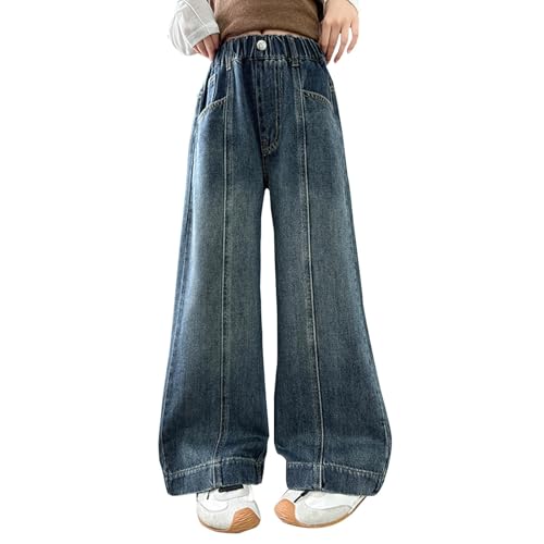 Girls Jeans Elastic Waist Wide Leg Baggy Denim Pants Kids Casual Cute Y2K Streetwear Teen Trousers with Pockets 4-14Y