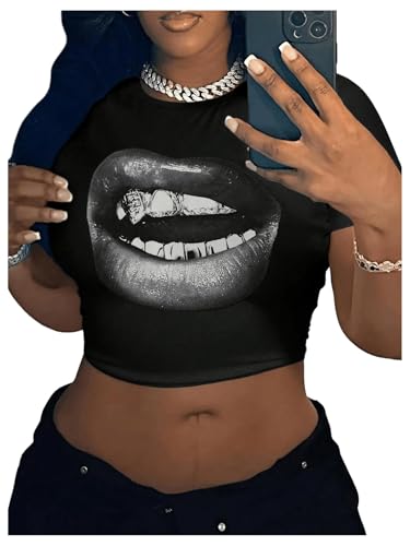 WDIRARA Women's Graphic Lip Print Crop Tee Shirt Round Neck Short Sleeve T-Shirt Slim Fit Top