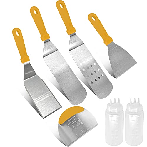 FourHare Yellow 7 Pieces Griddle Accessories for Outdoor Grill Chef, Griddle Spatula Set Stainless Steel, Griddle Accessories Kit Professional BBQ