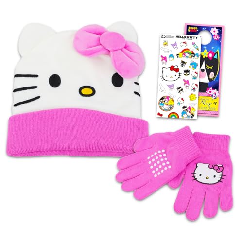 Sanrio Hello Kitty Winter Hat and Mittens Set - Beanie, Gloves, Stickers Bundle | Kitty Gifts for Girls, Kids
