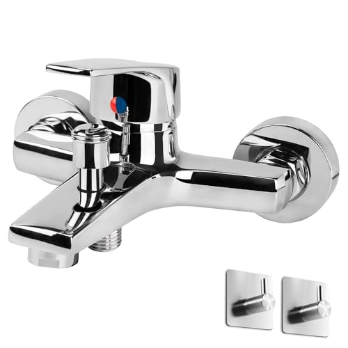 Grifo de Bañera Monomando de bañera Grifo de Ducha Grifo para Bañera y Ducha Grifo Ducha Montaje En Pared y Montaje Mezclador De Bañera De Superficie Grifo Bañera (Cromo+Ganchos)-No Ducha de Mano