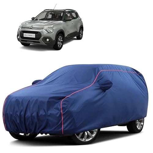 Image of Sulfar 100% Water Resistant Car Body Cover Compatible with Mirror for CITROEN C3 (Triple Stitched, Full Bottom Elastic, Blue Tafetta with Red Piping)