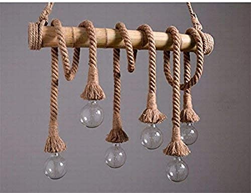 Image of Hemp Rope Bamboo 6 Light Vintage Hanging Lamp Pendant Light Without Bulb, E27 Holder, Jute Color