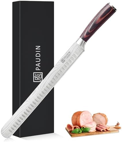 PAUDIN Brisket Knife, 12 Inch Carving Knife, Stainless Steel Brisket Slicing Knife for Meat Cutting, Razor Sharp Butcher Knife with Granton Edge for Roasts, BBQ, Turkey