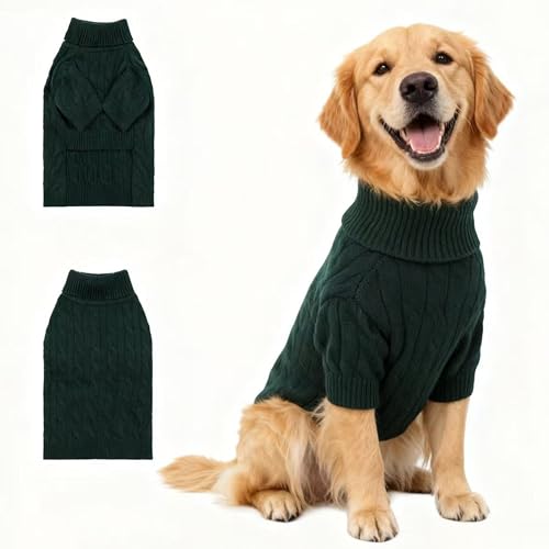 Image of Small /Medium Dog Sweater, Warm Dog Winter Coat w /Sleeves, Comfortable High Neck Premium Dog Clothes for Golden Retriever-Best for Holidays, Daily Walks XXL Green