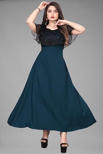 Image of Women's Poly Crepe Round Neck Plain Gown Dress