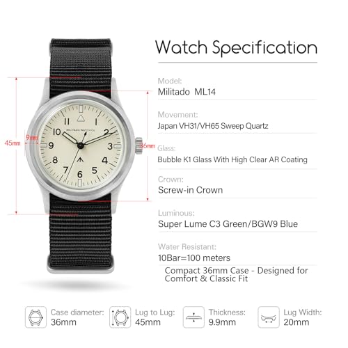 Image of TACTICAL FROG Militado 36mm Field Watch VH31 Japan Movt with Sweep Seconds Military Style Men's Watch with Nylon Strap, 100M Waterproof - ML13 /ML14 Series