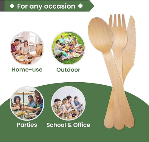 Miniatura 7 de Needfulon Juego De Cubiertos De Madera Desechables De 150 Piezas Ecológicos Biodegradables Y Compostables Para Fiestas Picnic Oficina Bodas Cucharas Profundas, Tenedores Fuertes, Cuchillos Afilados