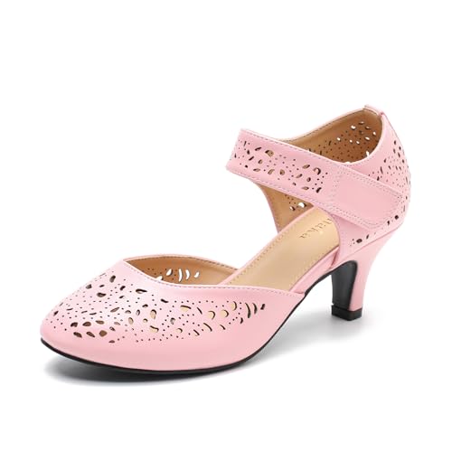 Image of Women's Comfortable Mary Jane Pumps Vintage Cutout Closed Toe Kitten Heels for Dressy Office Work