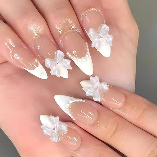 White French Tip Press on Nails Almond Medium Fake Nails with Cha...