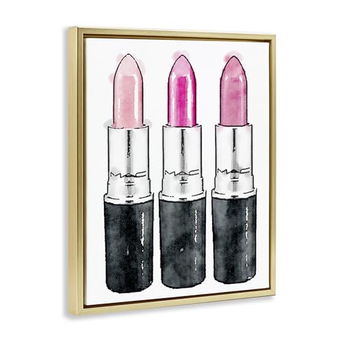 Image of Stupell Industries 'Three Pink Lipsticks', Floating Frame Canvas Art, Gold, 17 x 21 Inches, Easy to Hang and Sturdy, Made in USA, by Amanda Greenwood