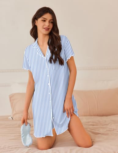 Image of Ekouaer Nightgowns for Women Button Down Sleep Shirt Short Sleeve Sleepwear