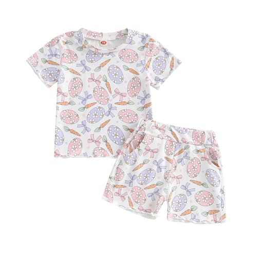Toddler Baby Girl Easter Outfit Egg Bunny Print Short Sleeve Tops T-shirt Cute Shorts Set Baby Girl Summer Clothes (Pink, 4-5T)