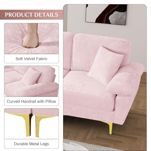 Image of OUYESSIR L Shaped Sectional Sofa Couch, 3 Seat Velvet Sofa with Ottoman and Pillows, Upholstered Comfy Couch Sleeper for Living Room, Bedroom, 91 inches (Pink)