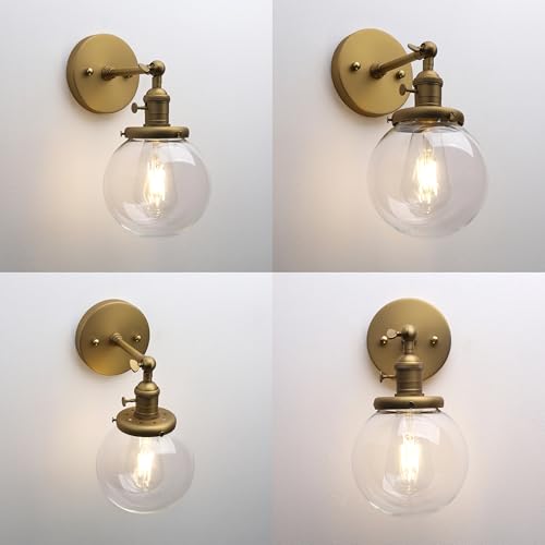 Image of Phansthy Vintage Wall Sconce with Switch, 180 Degree Adjustable Hardwired Bathroom Vanity Light, Industrial Wall Light with 5.9 inch Globe Glass Shade for Living Room Kitchen (Antique Gold, 1-Light)