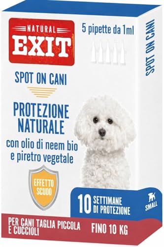 Natural Exit - Spot On Antiparassitario Naturale Per Cani, 5 Pipette Richiudibili Lunga Durata, Protegge Da Pulci, Zecche, Pappataci, Flebotomi e Zanzare (Fino a 10 Kg - Taglia Piccola e Cuccioli)