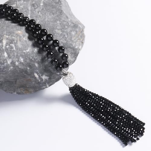 Natural White Black Pink Amethyst Coral Aquamarine Quartz Stone Necklace for Women, Beaded Long Tassel Pendant Chakra Healing Crystal Necklace3