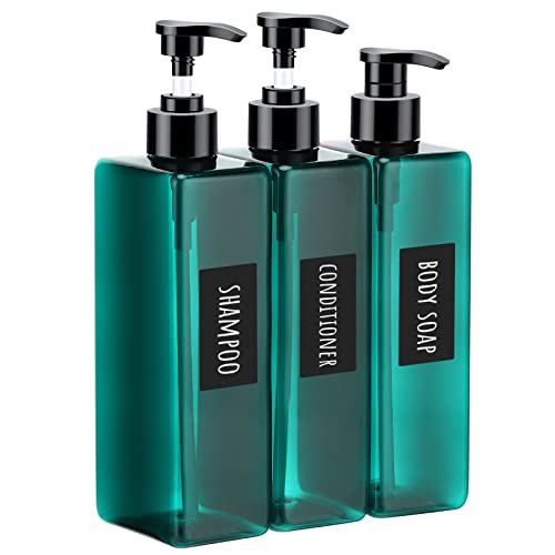 Image of Segbeauty Shampoo Conditioner Bottles, 3pcs 16.9oz 500ml Pump Press Dispenser with Labels, Empty Plastic Refillable Reusable Lotion Body Soap Liquid Soap Gel Bathroom Shower Containers Light Sea Green