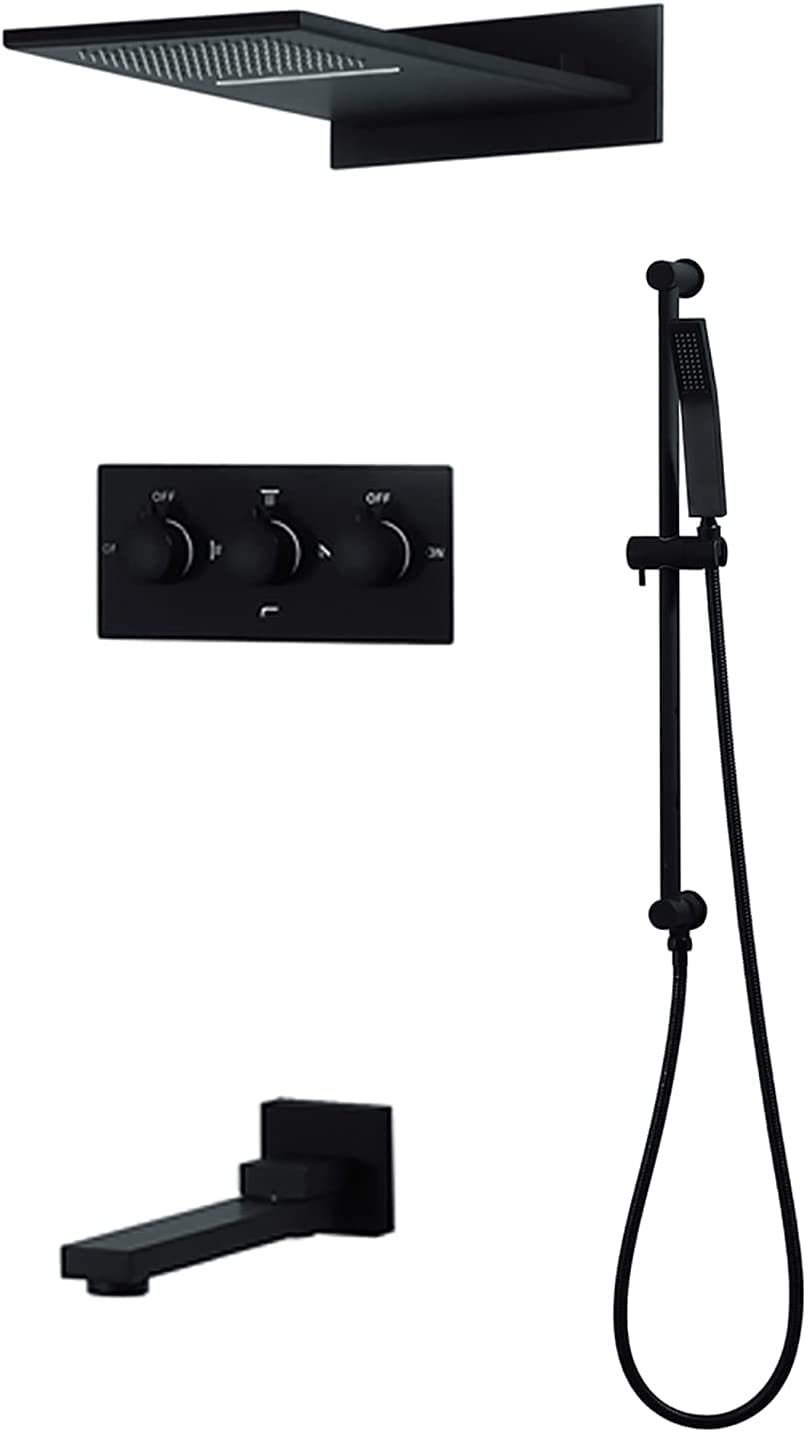 AYCDL Black Shower System Thermostatic Shower Faucet Set Wall Mounted Rainfall Shower Head System with Handheld Shower Set Rain Mixer Shower Combo Set, Height Adjusta