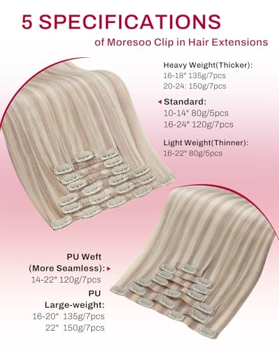 Image of Moresoo Clip in Hair Extensions Real Human Hair,20 Inch 120g 7Pcs, Ash Blonde to Bleach Blonde,Seamless PU Weft, Real Human Hair, Easy DIY Hairstyle