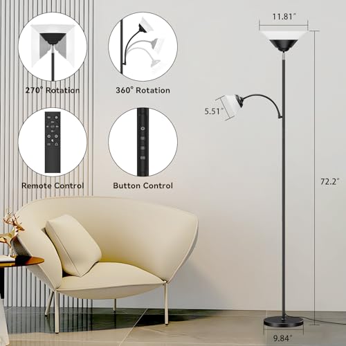 Image of SIBRILLE RGB Torchiere Floor Lamp, 2-in-1 Dimmable Standing Lamp with Remote & Button Control, 34W 360 Rotatable LED Reading Lamp, 72 inch Modern Tall Corner Lamp for Bedroom, Living Room, Office, Black