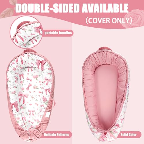 Image of Baby Lounger Cover for Boys Girls, Reversible Baby Nest Cover, Adjustable Baby Lounger Replaceable Cover for Infant Newborn, Portable and Machine Washable, Cotton Pink Rose Cover Only