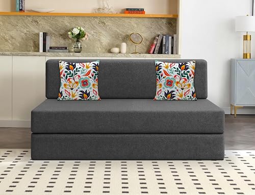 Image of Los Angeles Foldable Two Seater Sofa Cum Bed, Sofa Bed 4 X 6 Feet Jute Fabric Washable Cover- Including Cushion Perfect for Living Room - Black Color