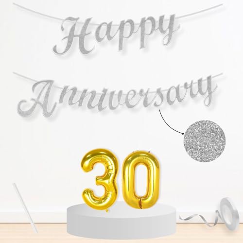 Image of Flyloons 30th Happy Anniversary Banner Silver for Decorations Kit for Men Women Wedding Anniversary Banner Items without Balloons