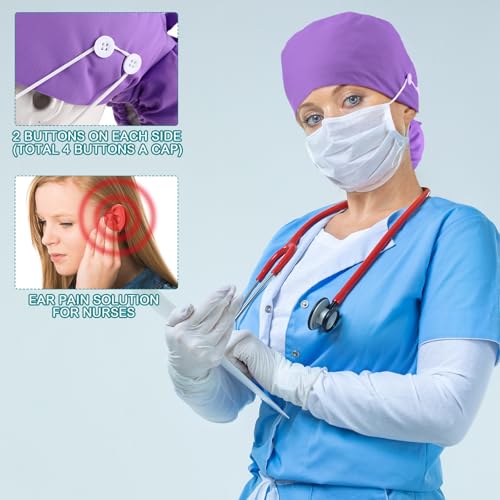 Image of 8 Pcs Satin Lined Scrub Caps, Nurse Hats with Buttons Sweatband, Adjustable Ponytail Surgical Caps for Women