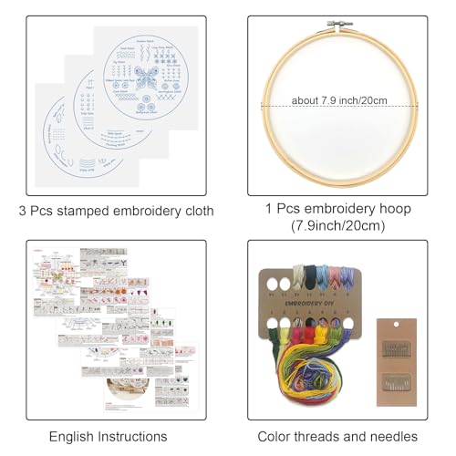 Image of Louise Maelys Embroidery Kit for Beginners,3 Packs Practice Tool for Adults,Learn 30 Basic Stitches,DIY Hand Sewing Gift,Cross Stitch Starter Kits with Hoop Needles Instruction and Threads